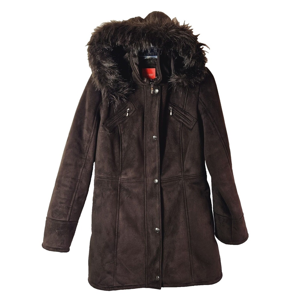 Esprit Women's Brown Winter Coat LARGE Faux Fur Lining Removeable Hood Vtg Y2K